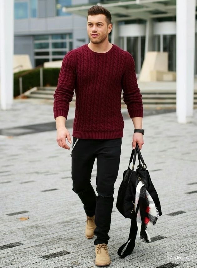 Бордовый свитер мужской с чем носить