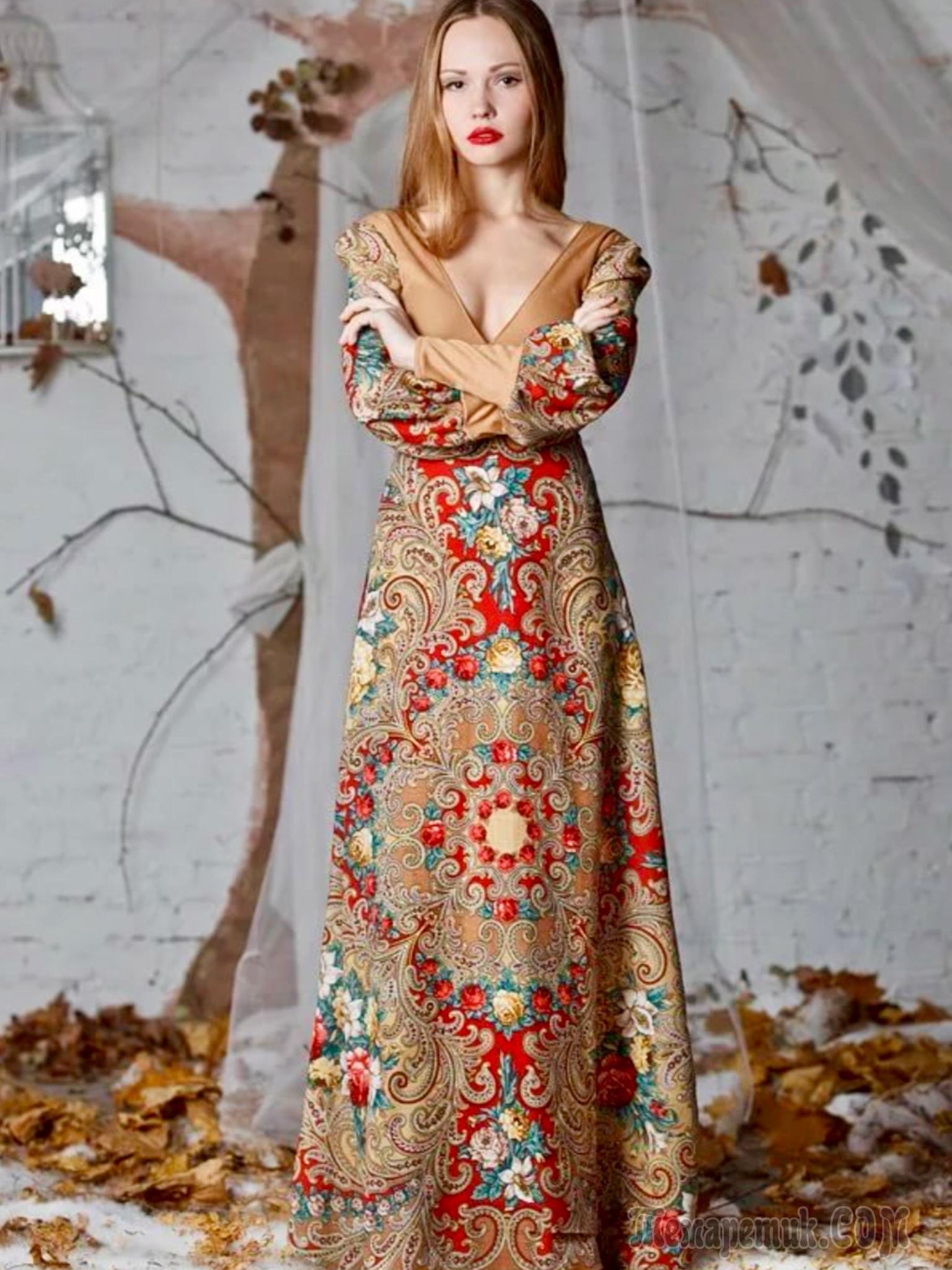 Современное народное платье. Платья из павлопосадских платков в русском стиле. Платье стилизованное в русском стиле.