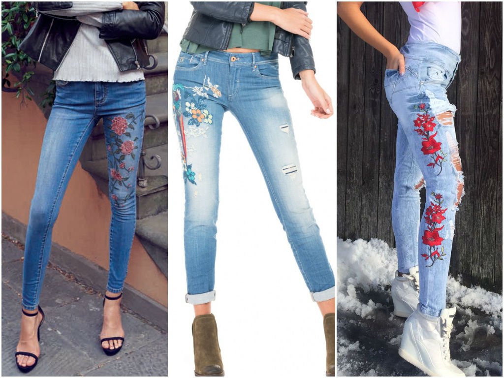 Какие модные джинсы фото. Стильные джинсы женские. Джинсы женские модные. Модная вышивка на джинсах. Джинсы с вышивкой женские.
