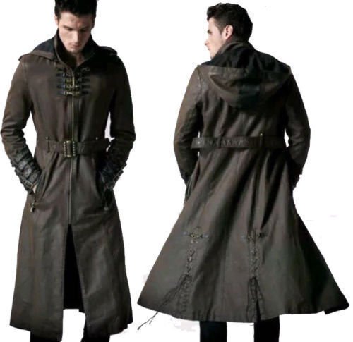 Mens Coat long Jacket Gothic Steampunk с капюшоном